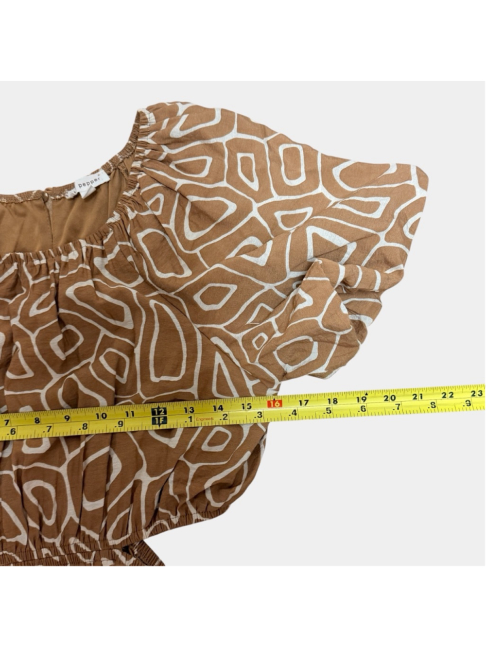 Boho Cutout Mini Dress Brown Abstract Print Puff Sleeve Festival L - Picture 6 of 16